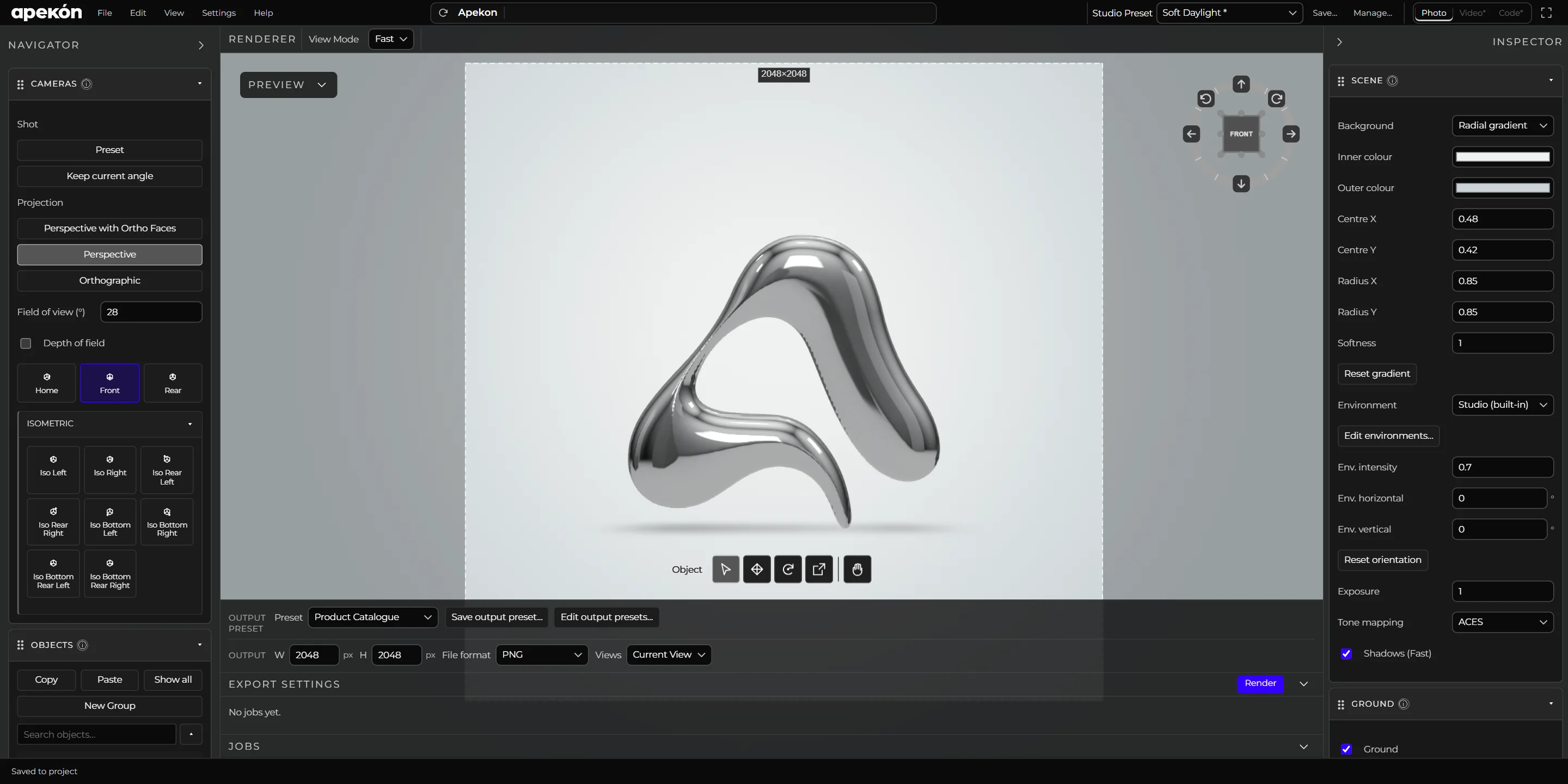 The Apekon Studio interface: a chrome Apekon emblem in the viewport, camera views in the Navigator on the left, scene settings in the Inspector on the right, and output settings below